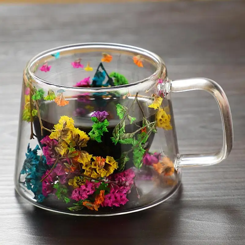 Caneca de café de vidro de parede dupla isolada flor copo de café expresso copos de leite transparente preencher flores simuladas xícara de chá suco copo de água