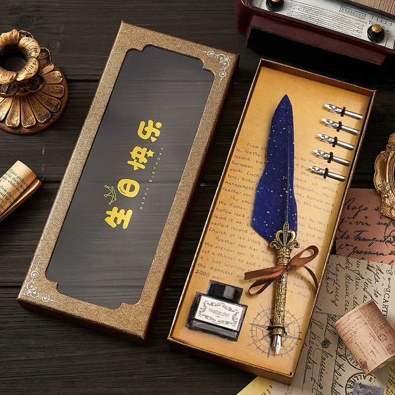 Feather Pen European Vintage Dip Pen Pen Gift Box for Graduation Birthday Gifts to Teachers and Students