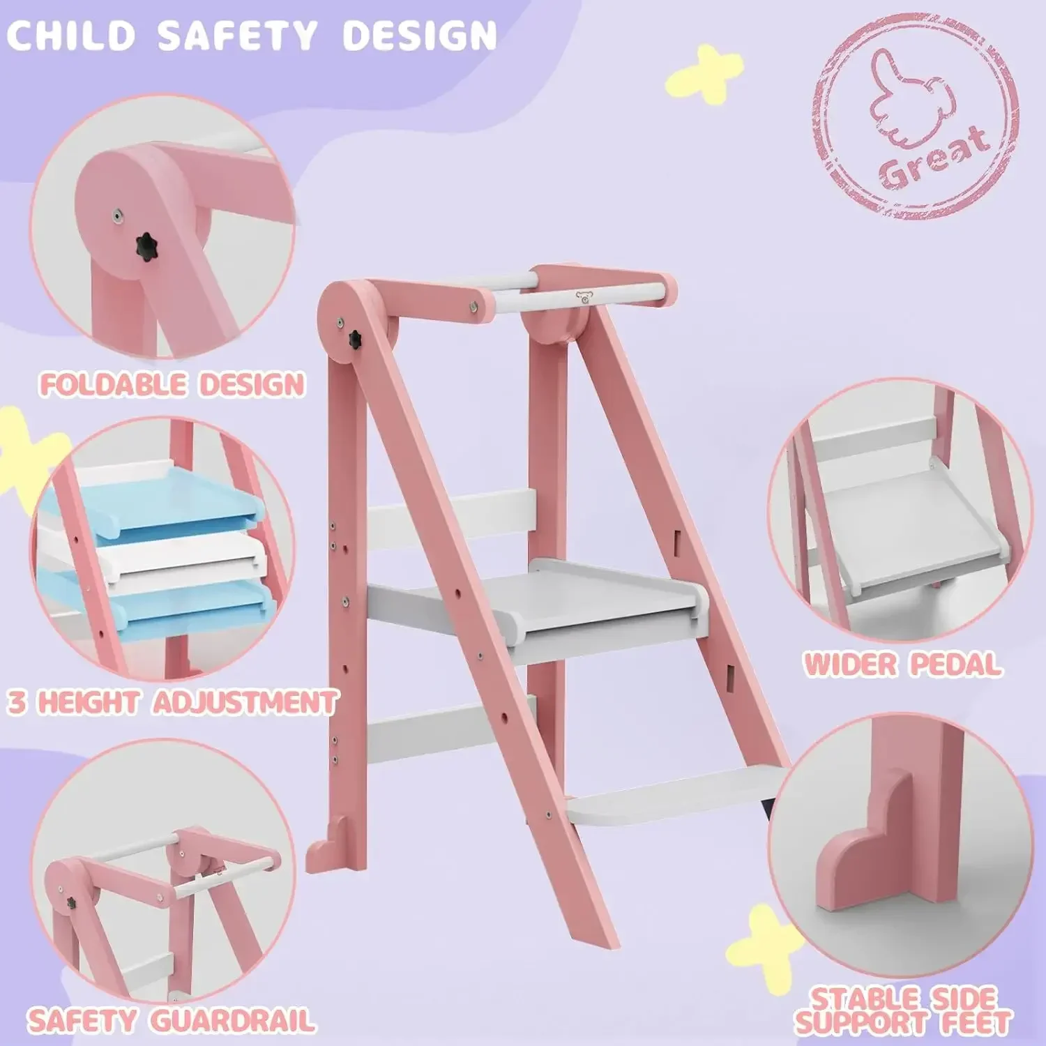 Toddler Kitchen Stool Helper, Tower with 3 Adjustable Height, Wooden Step Stool, Collapsible