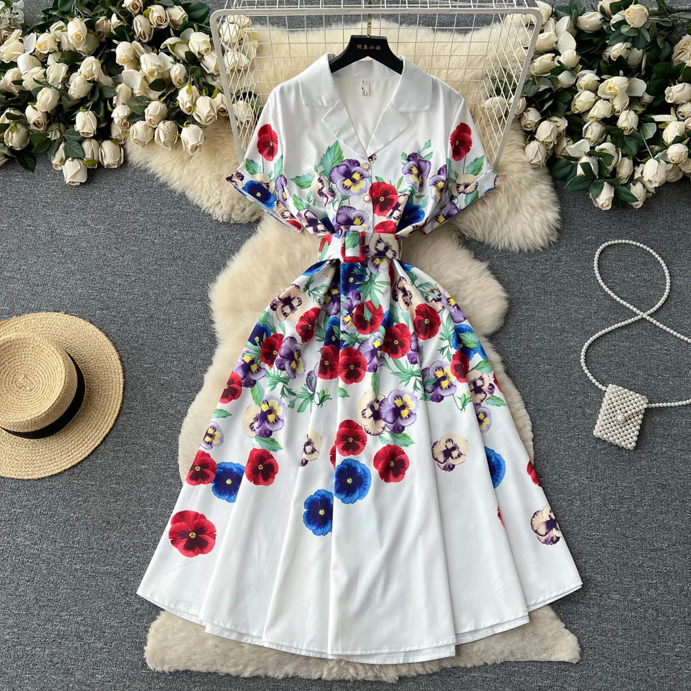 Jamerary Zomer Bloem Overhemd Jurk Dames Casual Vintage Gekerfde Kraag Korte Mouw Bloemenprint Midi Jurken Kantoorwerk Riem