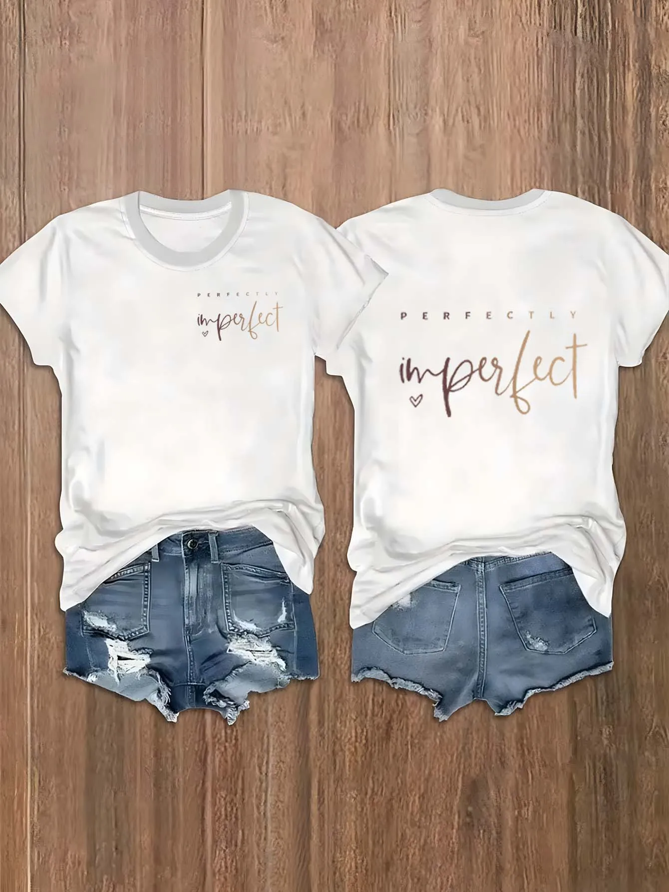 

Плюс размер «Идеально несовершенно» вдохновляющий слоган спереди и сзади с принтом Элегантная футболка Двусторонний дизайн Стильный топ