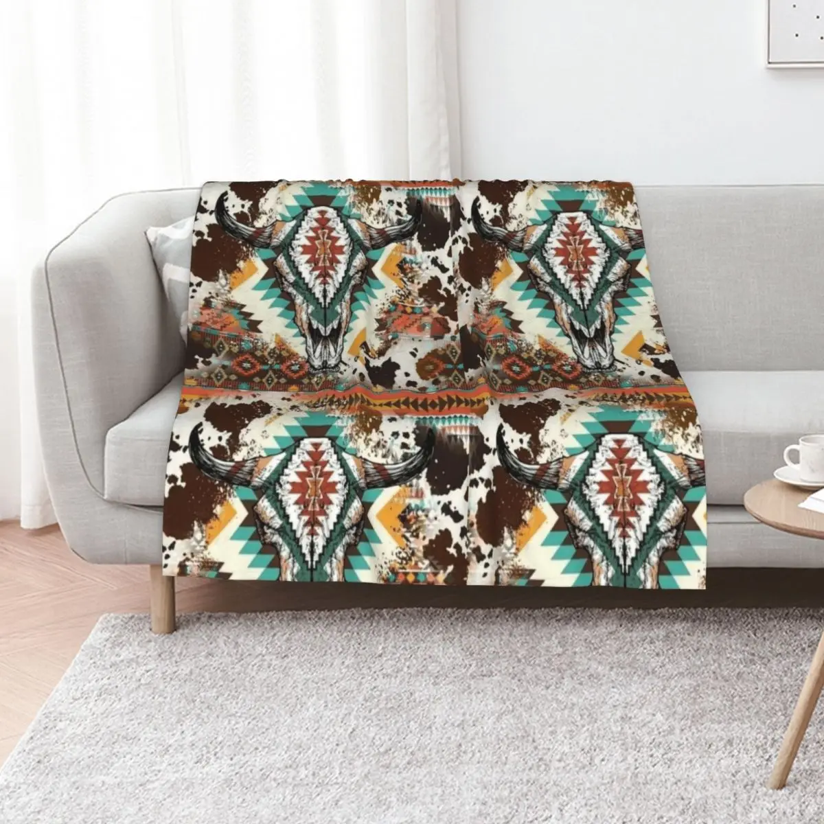 Aztec Cow Print Bull Skull Throw Blanket Bed Fashionable Sofa Quilt heavy to sleep Single Furrys decorative Blankets