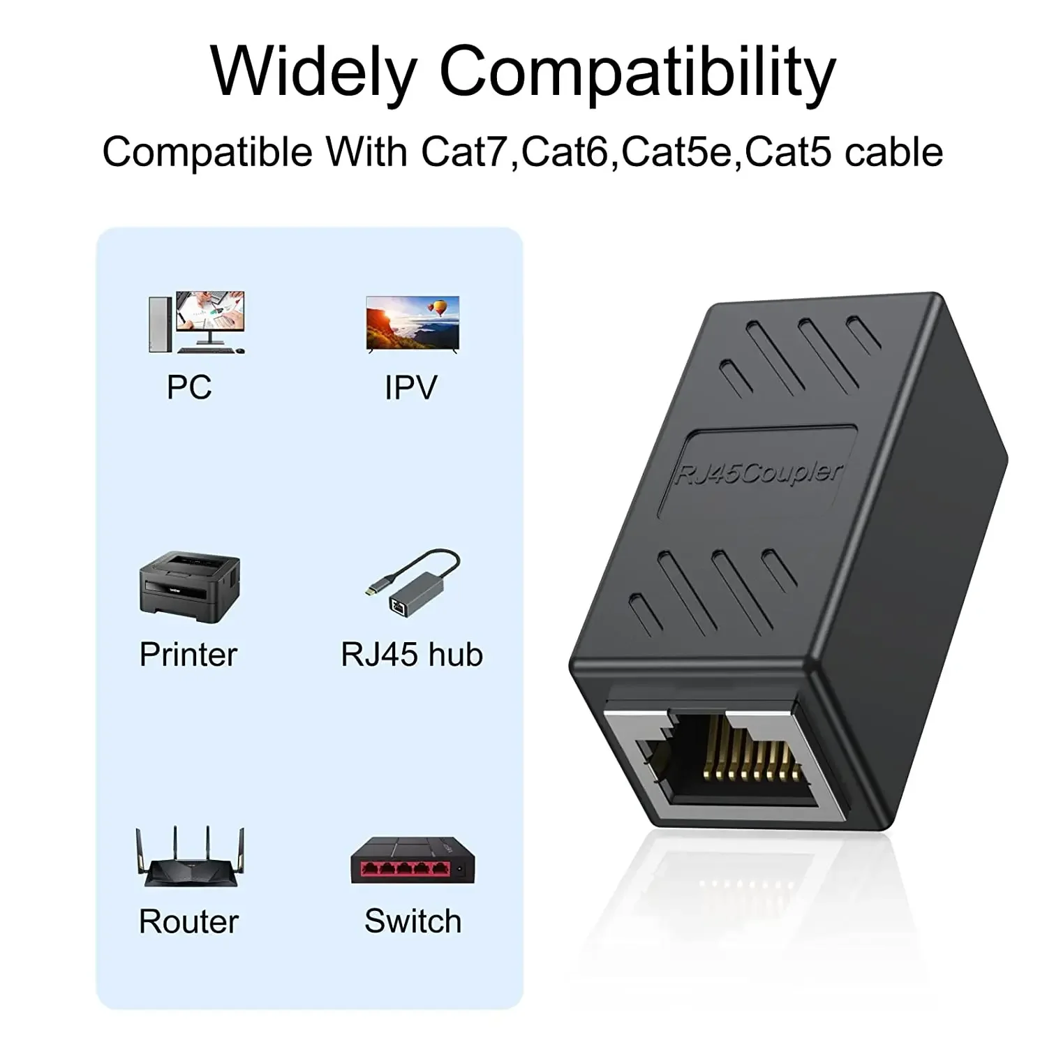 2Pcs RJ45 Connector Coupler Ethernet Cable LAN Inline Cat7/Cat6/Cat5e Ethernet Cable Extender Adapter Female Coupler Black