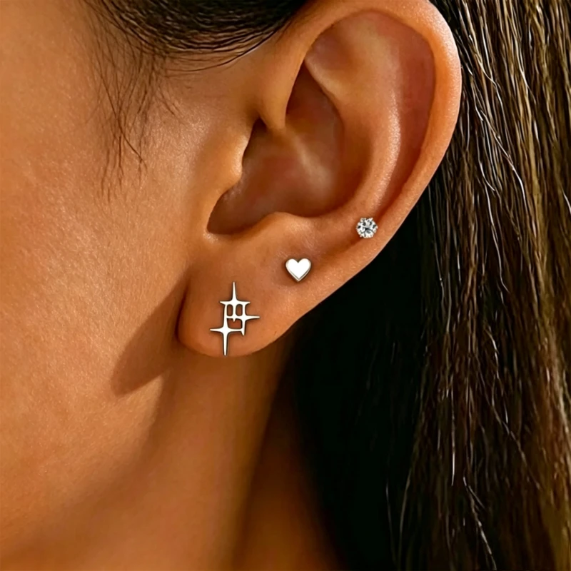 3 Pairs of Exquisite Stud Earrings, Stars + Love + Zircon, Gold/silver Two-color, Stainless Steel Lightweight, Unisex