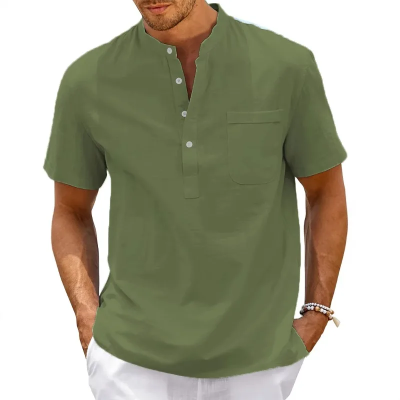 Men Solid Stand Collar Half Button Short Sleeve Henley Shirt Chest Pocket Loose Linen Blend Casual Summer Tops - view 6