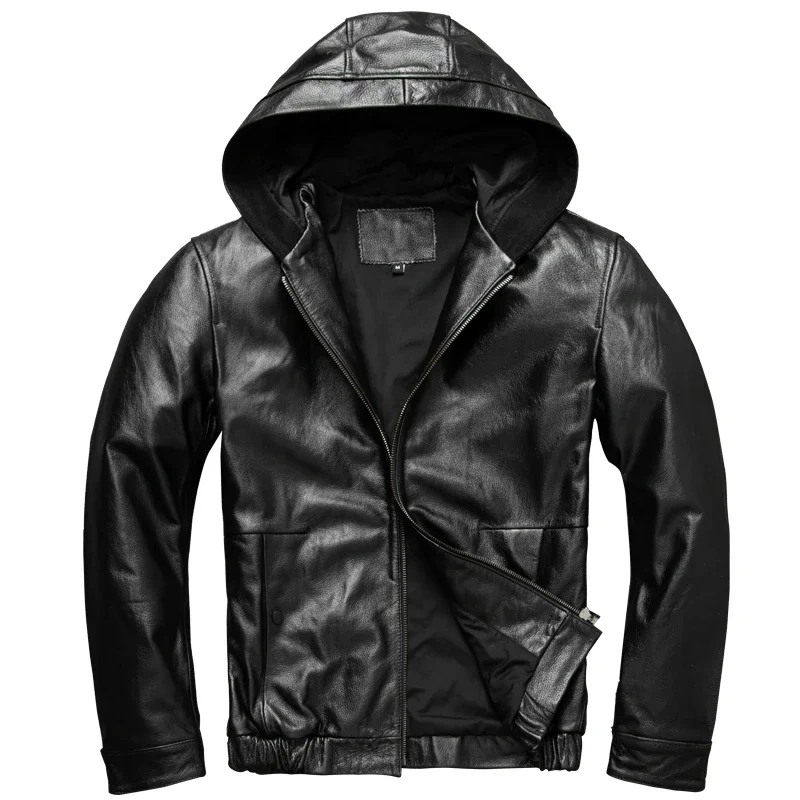 Tcyeek Men\'s Genuine Leather Jacket Spring Autumn Clothing Real Cowhide Leather Jackets Man Hooded Short Coats Veste Homme LM504