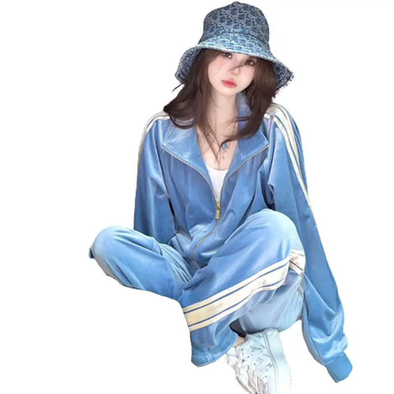 Złoty aksamitny zestaw sportowy, moda damska na wiosnę i jesień, bluza z kapturem w stylu retro, kurtka z zamkiem błyskawicznym, spodnie z szerokimi