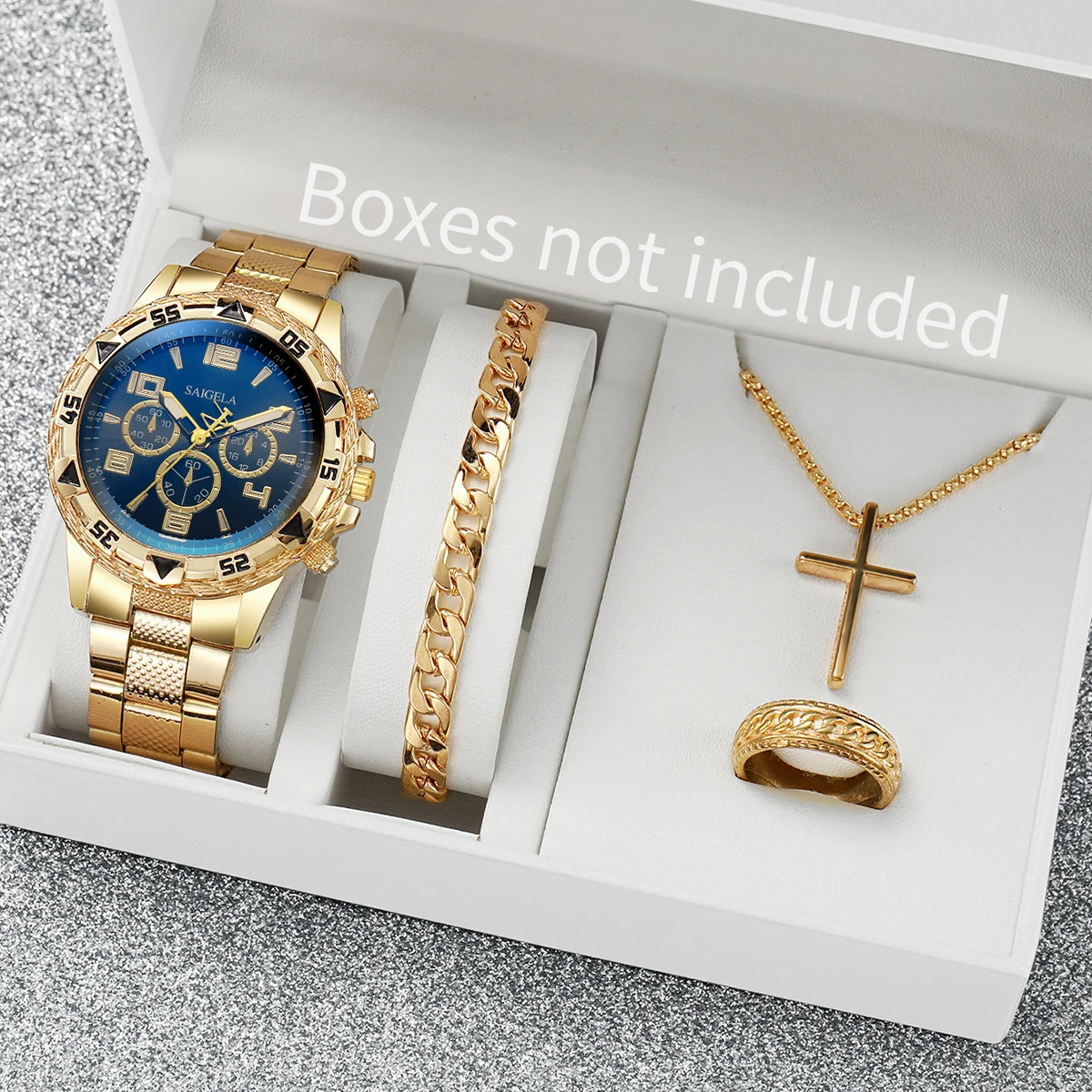 4PCS/Set Men\'s Watch Fashion Gold Steel Band Analog Male Quartz Watches Jewelry Set(Without Box)