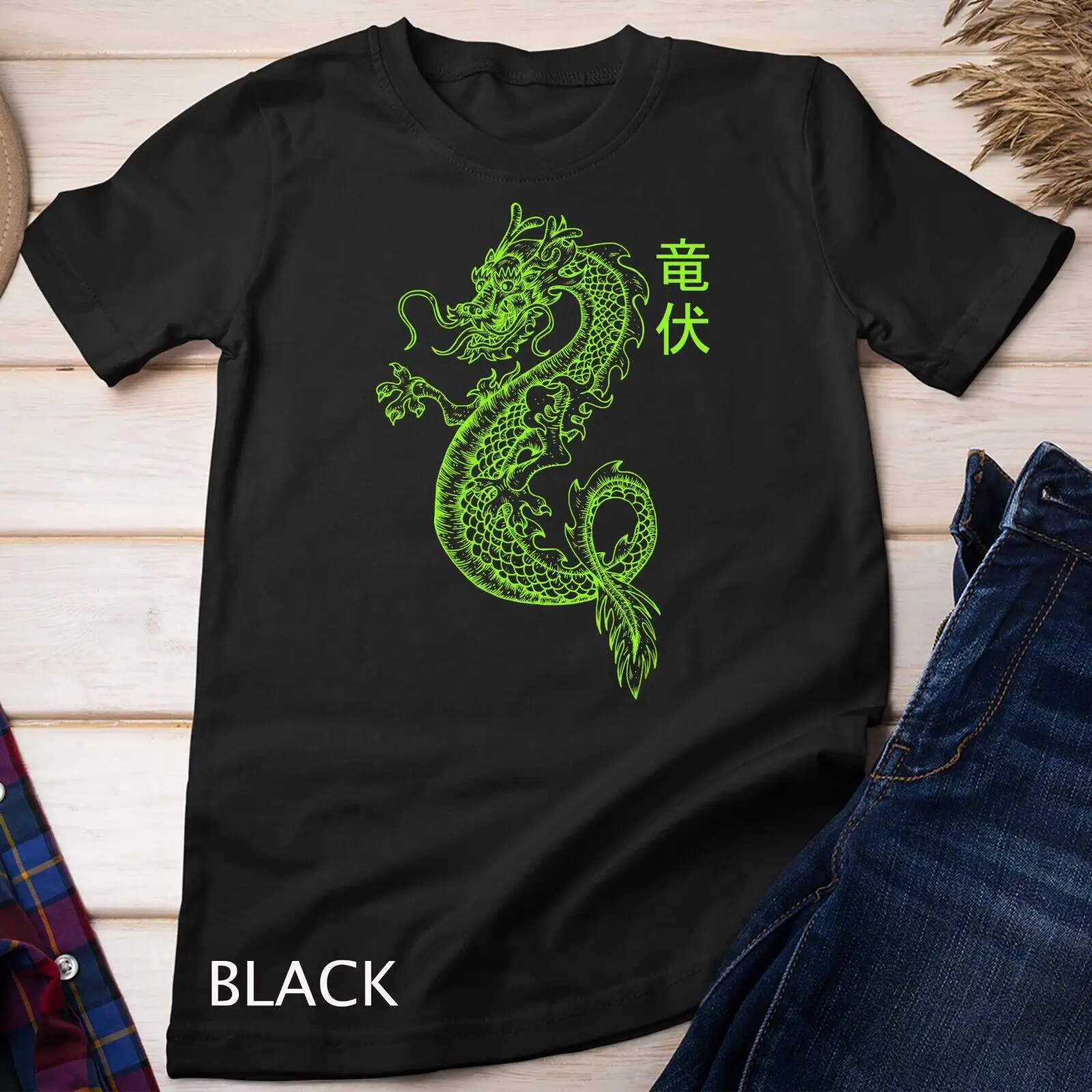 Unisex Japonês Dragão Verde T-Shirt, E-Boy Estética Roupas Grunge, E-Girl