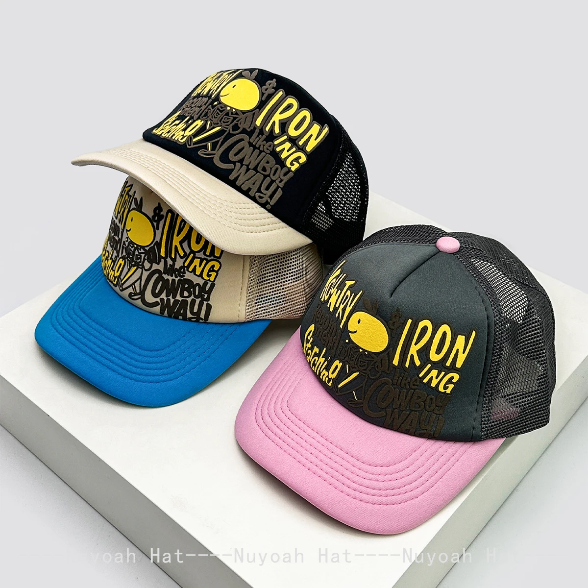 

New Unisex Color Block 3D Printed Letter Rabbit Ear Smiling Face Baseball Hats Sunshade Hip Hop Breathable Trucker Caps Mesh ins