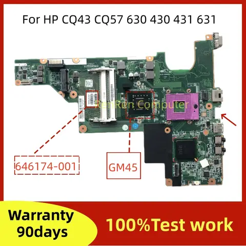 For HP CQ43 CQ57 630 430 431 631 646174-001 Laptop Motherboard 01014Q000-388-G GM45 UMA DDR3 Mainboard 100% Tested OK