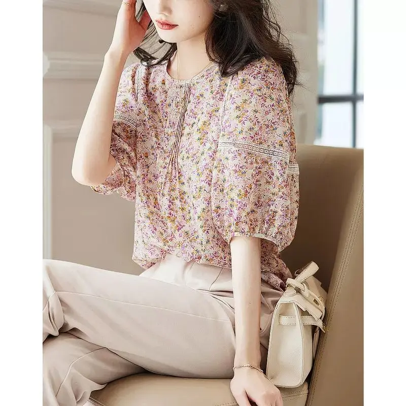 Women Lace Patchwork Chic Sweet Blouses Summer Trendy O Neck Half Sleeve Loose Shirts Korean Elegant Tops Blusa Mujer Moda 2023