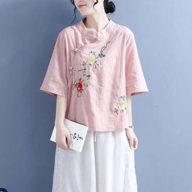 2024 New Spring SummerEthnic Style Large Size Cotton Linen Shirt Women Embroidered Blouse Chinese Style Stand Collar Tops 4XL