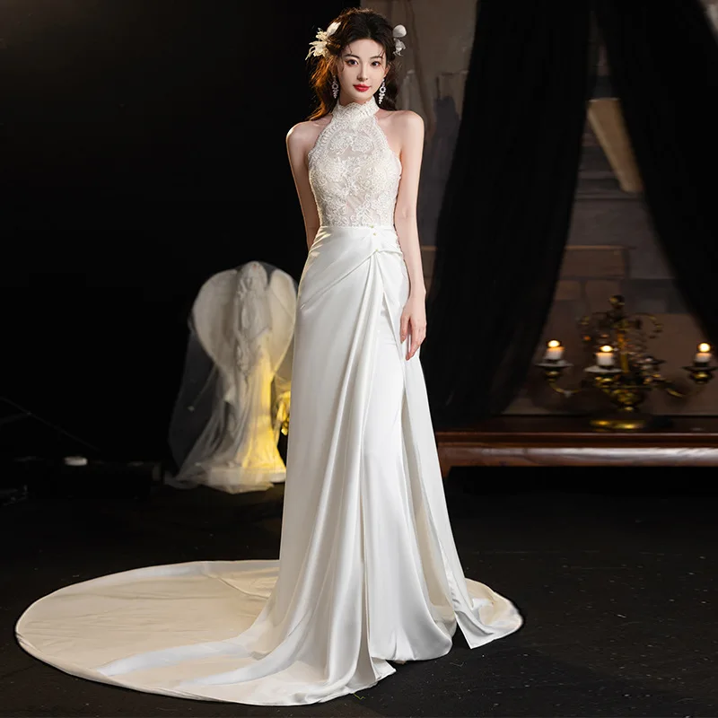 

French Light Wedding Dress Bride Vintage Feel Reception Gown Elegant Halter Lace Mermaid Morning Gown Toast Dress for Women