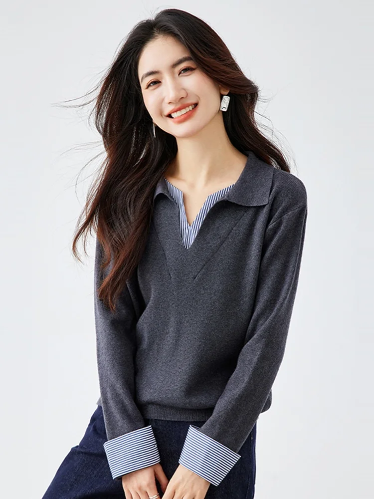 

Women's Knitted Stripe Patchwork Collar Long Sve Sweater Ci Walk Sle Loose Fit Medium Thin Knitwear for Autumn Wi...