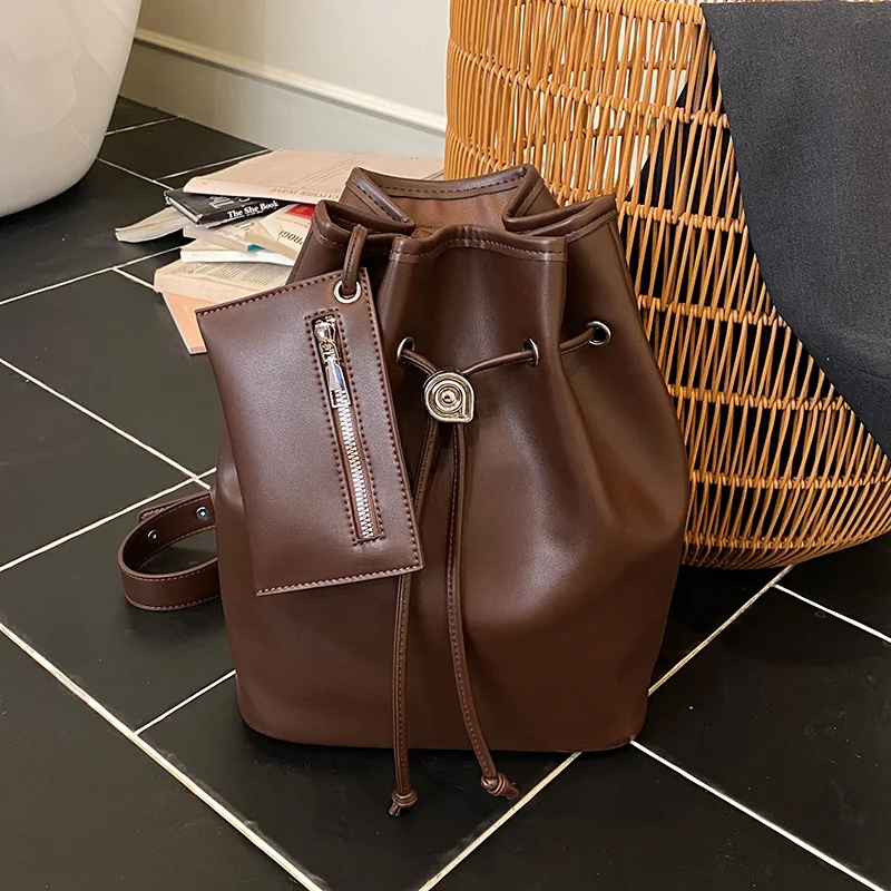 

2 Pcs/set Bucket Design Crossbody Bag 2026 New Solid Pu Leather Shoulder Purses and Handbags Casual Anti-theft Chest Bag Black