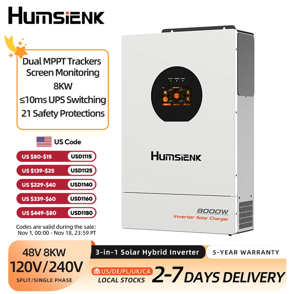 Humsienk 48V 8KW 3-in-1 Solar Hybrid Inverter, Dual MPPT, 120V/240V Split/Single Phase, 8KW Pure Sine Wave Output, Safety Protections, With USB/RS485/CAN, LCD Display & Remote Monitoring For Off-Grid System