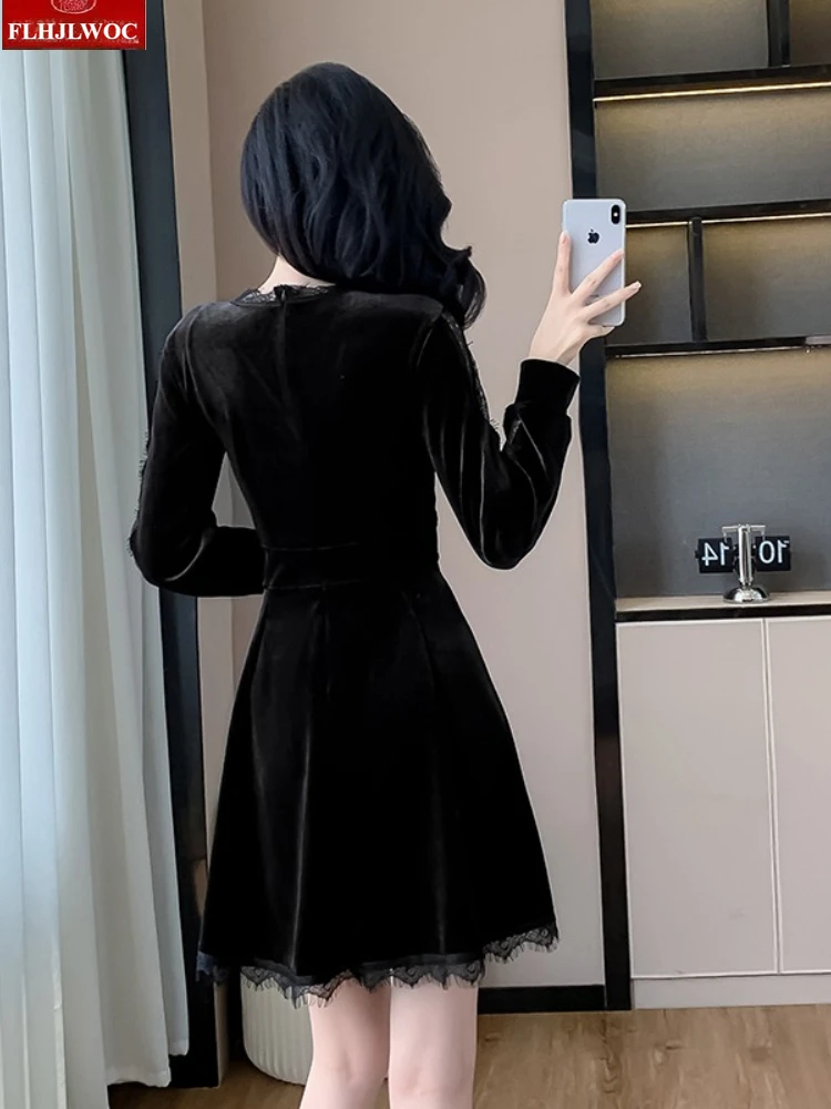 Robes chemise rétro en velours noir, nouvel an, fête de noël, filles mignonnes, femme, manches longues, boutons perlés scintillants, Mini robe en dentelle noire