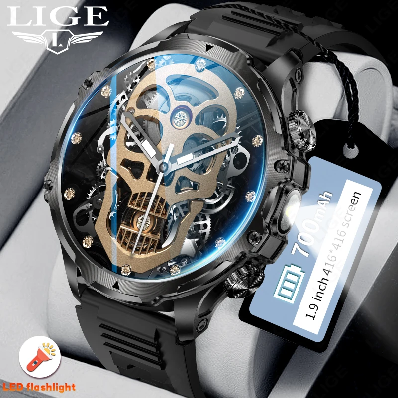 LIGE 700mah Large Battery Flashlight Smart Watch 1.9inch Men Outdoors Sports Fitness Tracker BT Calling LED Light Smartwatch New