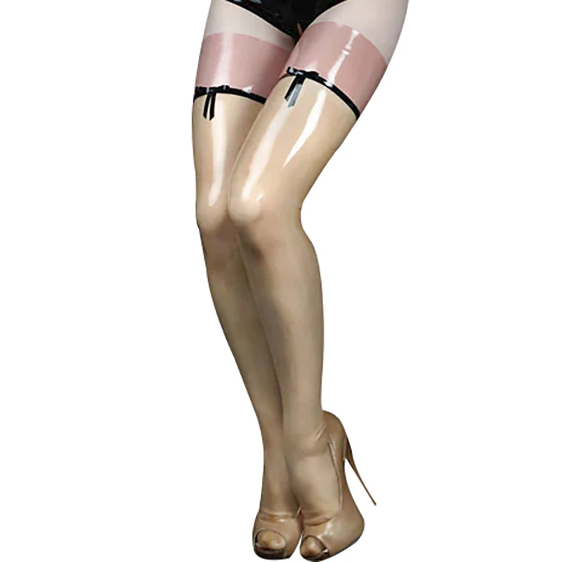 

Transparent And Black Pink Sexy Long Latex Rubber Thigh High Stockings With Bows Top WZ-0119