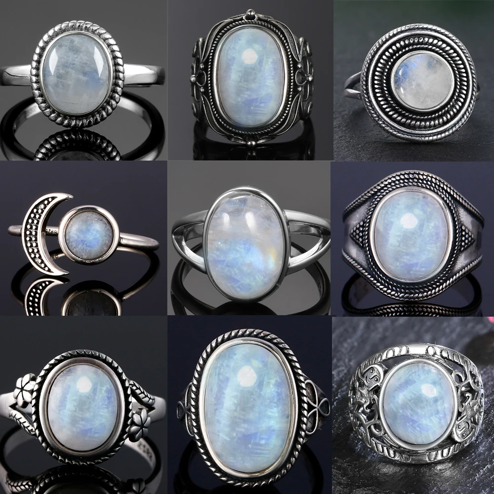 Round Oval Big Natural Moonstones Rings Women\'s 925 Sterling Silver Rings Gifts Vintage Fine Jewelry