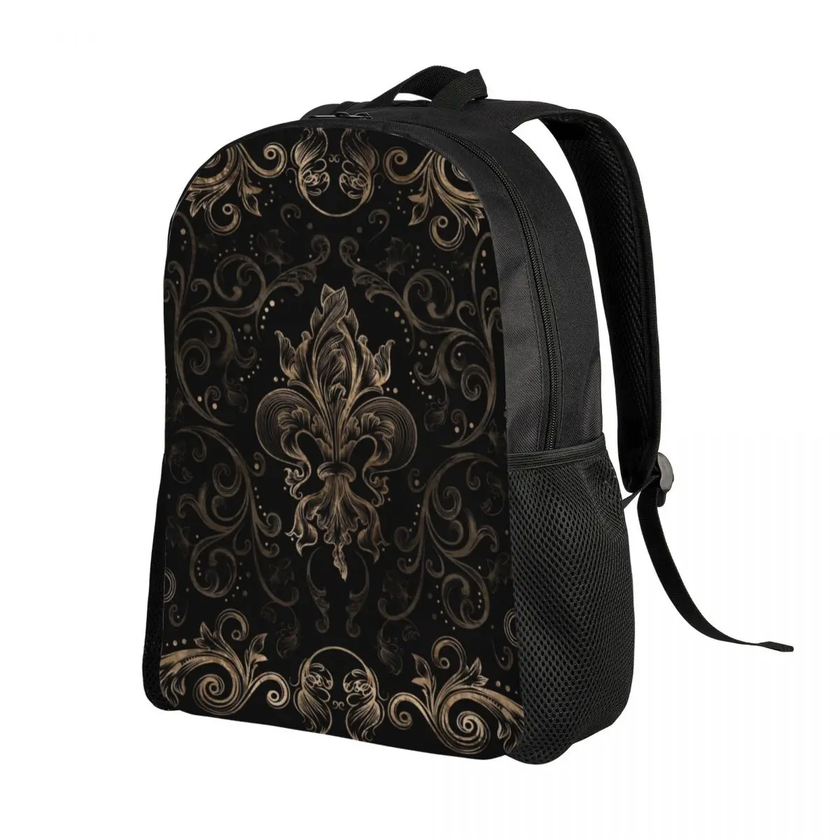 Gold Filigree Fleur-de-Lis Travel Backpack School Laptop Bookbag Fleur De Lys Lily Flower Symbol College Student Daypack Bags