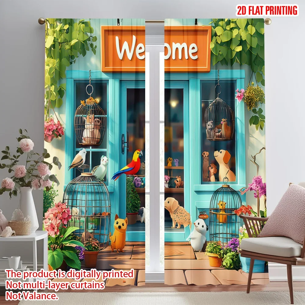 

2D flat printing 2pcs Scene Curtain Pet Shop Entrance Digital Printed Polyester Drapes Holiday Decorations for Festive and