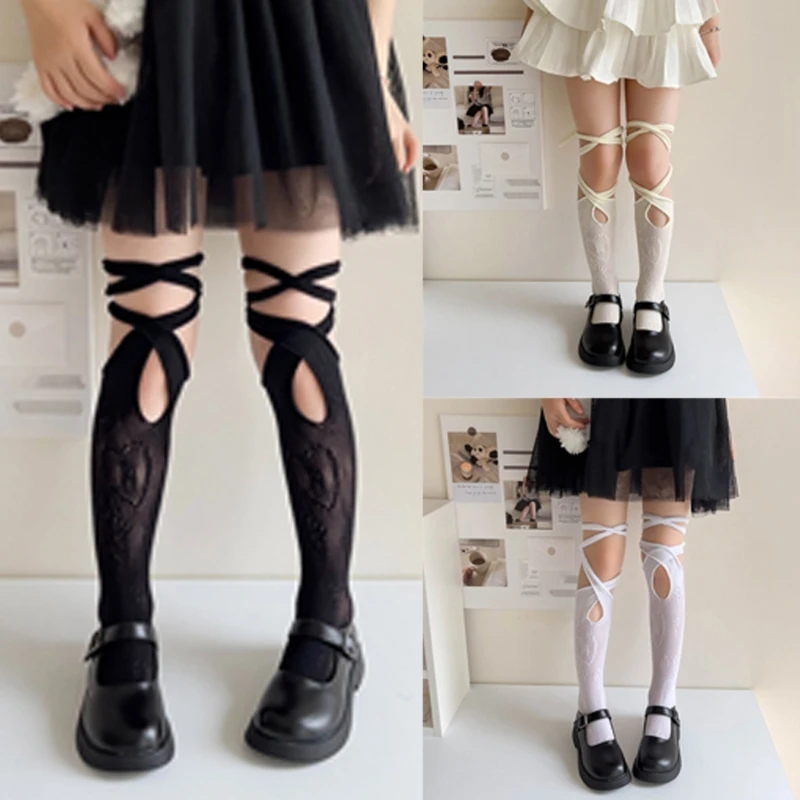 

Child Dress Socks for Summer Spring Hollowout KneeHigh Socks Girl Laceup Socks