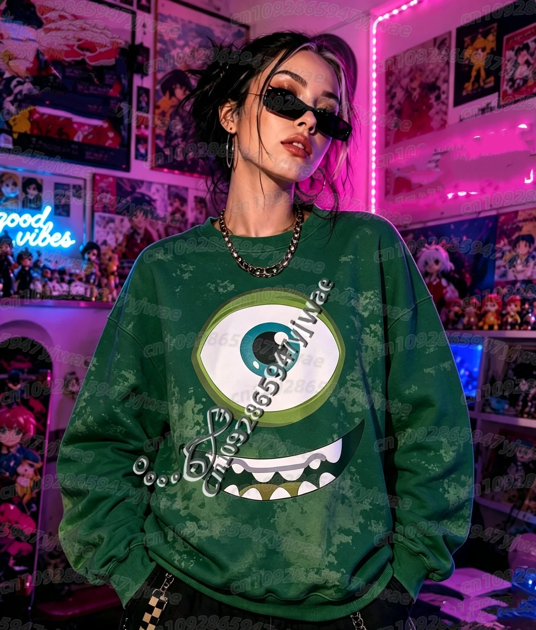 26 Herbst-Winter Damen Lustiger Großaugen-Monster-Print Langarm Unisex Cartoon-Sweatshirt O-Ausschnitt Pullover Damen Hoodies – Detail 7