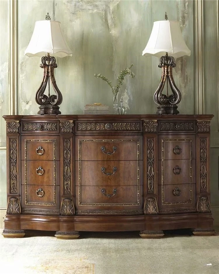 Furniture Solid wood chest  European retro carved nine chest  Locker Bedroom drawer Storage cabinet Side cabinet