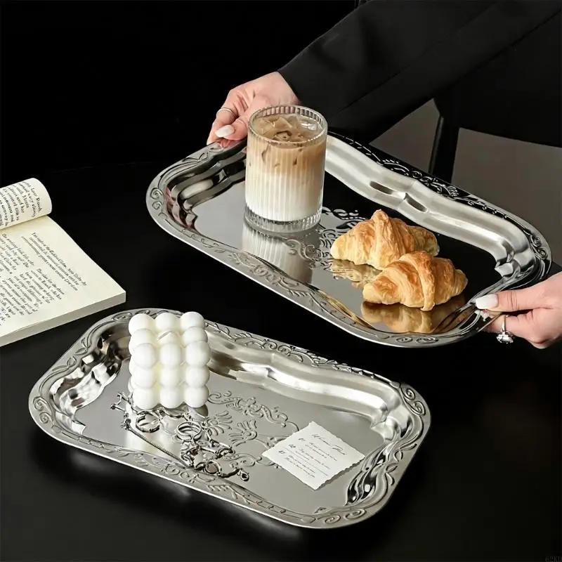62KD Stainless Steel Snacks Tray With Floral Embossing Pattern Serving Platters For Table Setting Wedding Parties Decoration