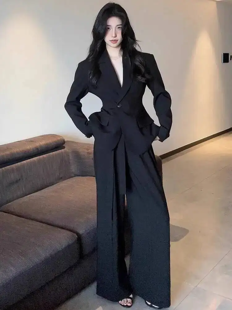 Blazer élégant pour femmes, tenue de bureau, jambes larges, taille haute, pantalon, bouton unique, col rabattu, nouvelle collection 2025, toutes saisons