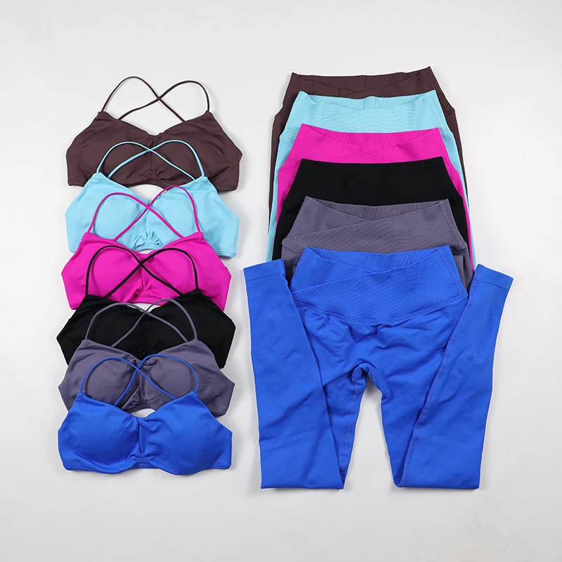 

Women's Fitness Yoga Set Seamless Workout Clothes Cross Waist Scrunch Butt Lifting Leggings Sports Bra 2 Piece Gym Sets