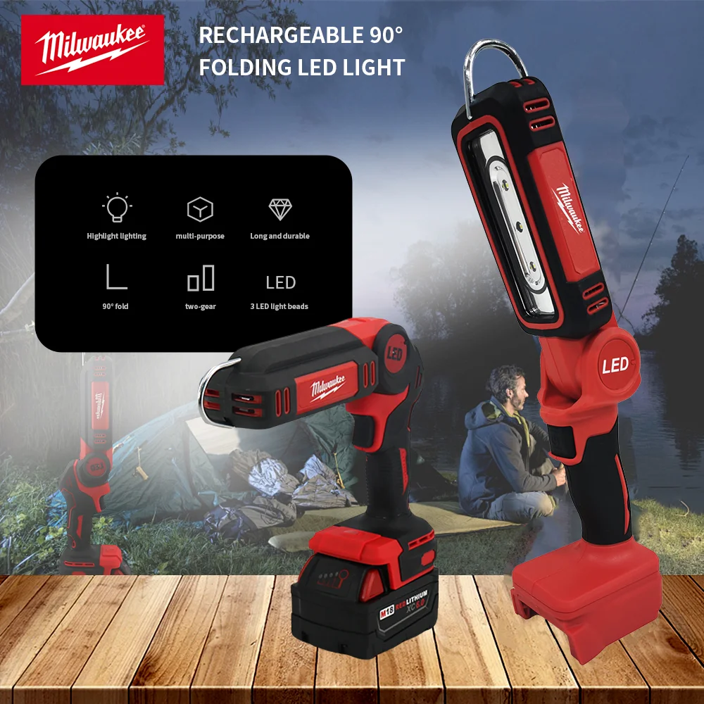 Milwaukee Elektrikli LED Çalışma Işığı 90\'dır ° Katlanır Şarj Edilebilir 18V Pil Çok Fonksiyonlu Kamp Lambası Taşınabilir Parlak Spot