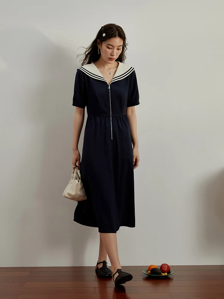 DUSHU Classic Style Navy Wind Contrast Color Age-reducing Dress for Women Summer New Zip Neckline Optional Length Dress Female