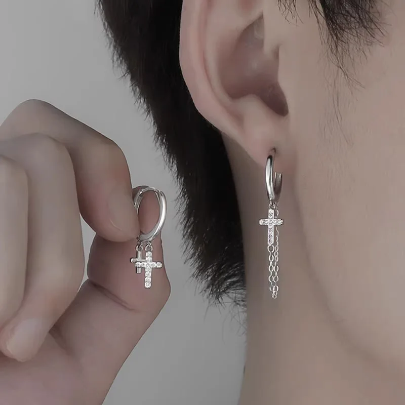 1Pcs Fashion Unisex Asymmetric New In Hip-Hop Tassel cross Earrings For Women Men Teens Pendient Ear Stud Jewelry Accessories