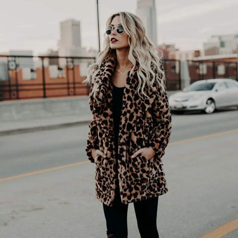 Fashion Women Faux Fur Leopard Print Coat Female Sexy All-Match Mid-Length Suit Collar Warm Outerwear