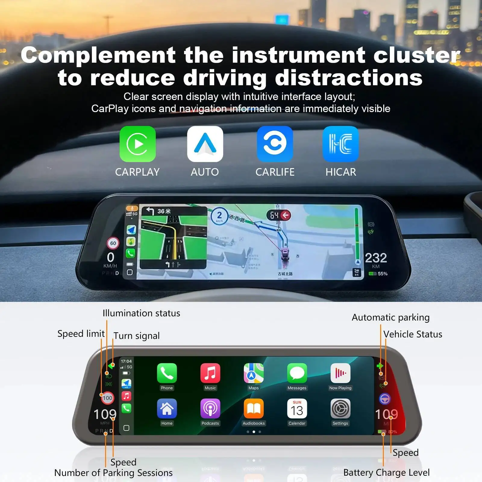 9.6inch 1920*720P Andriod Auto Wireless CarPlay Instrument LCD Digital Cluster Screen For Tesla Model 3/Y/YL Dashboard Display view 3