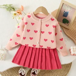 Girls' Sweater Clothes Set Heart Knitted Cardigan + Skirt 2 Pcs Clothing Sets for Kids Girl Valentine's Day Children's Clothing
