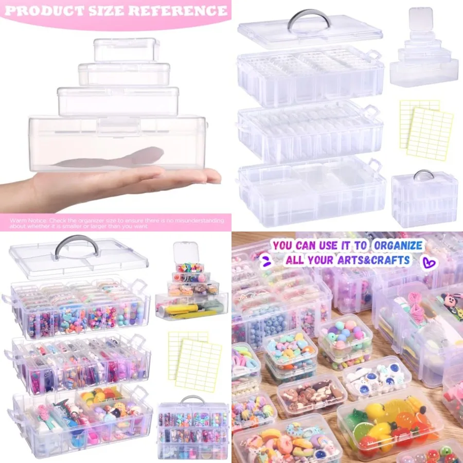 

Органайзеры и контейнеры для хранения бусин, 56 шт., маленькие пластиковые контейнеры с крышками и 3-уровневый штабелируемый ящик для хранения, мини-прозрачные органайзеры