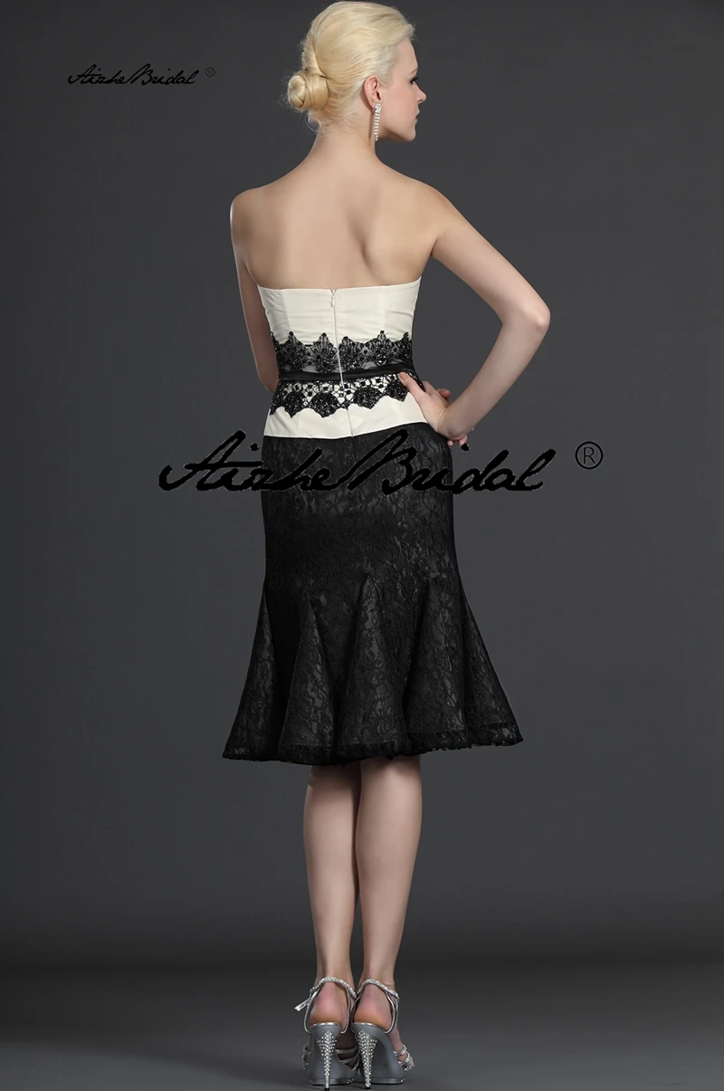 فستان حفلات الزفاف فستان قصير لأم العريس بألوان متباينة عاجية وأسود بدون حمالات فستان أم العروس مع سترة #3