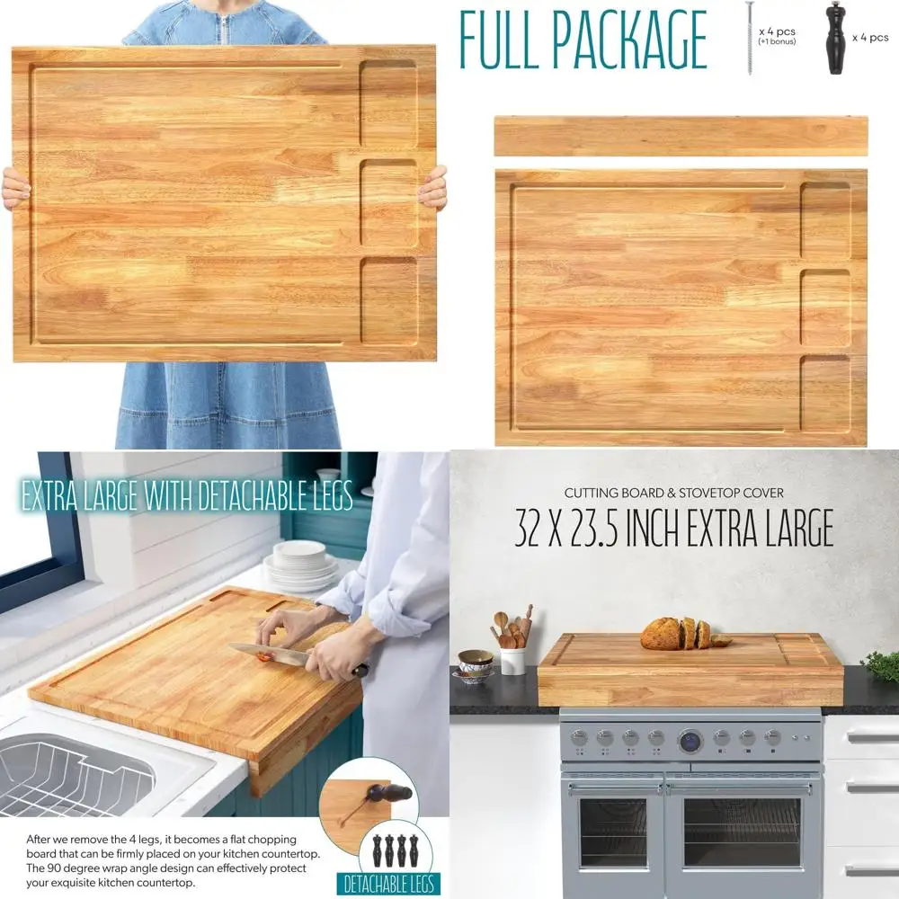 

Extra Large Dual-Purpose Wooden Chopping Board & Stovetop Cover with Legs and Juice Groove