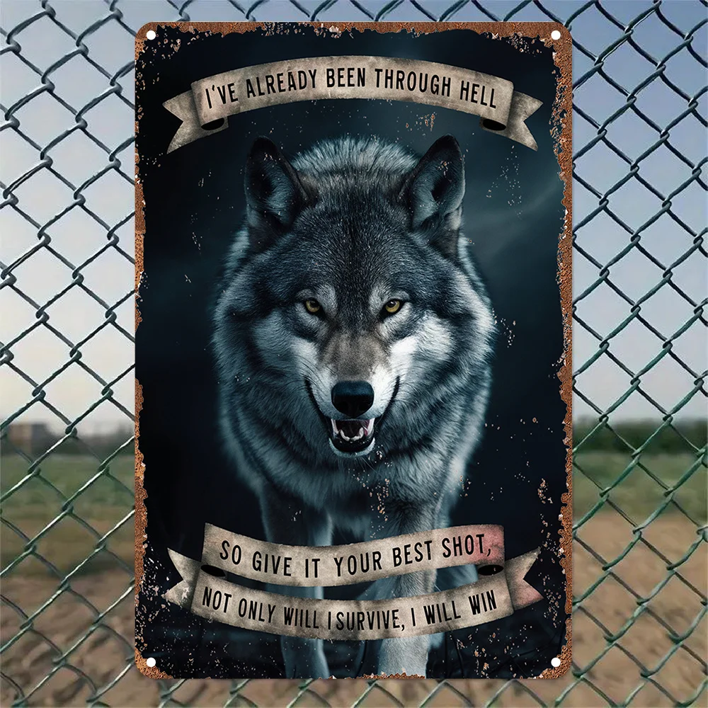2D Flat Retro Wolf Metal Wall Art Sign - Rustic Style 