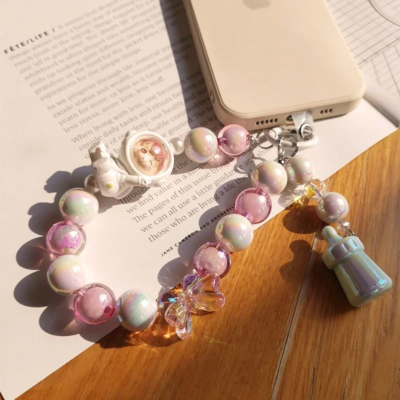 Bow Beaded Astronaut Baby Bracelet Baby Bottle Pendant Universal Phone Case Anti-loss Phone Chain with Mobile Phone Accessories