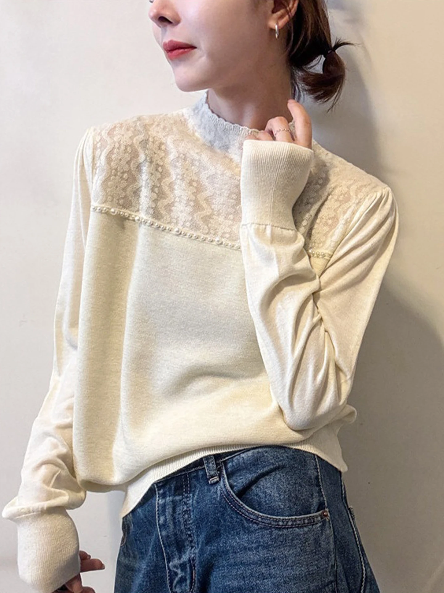 Hiver décontracté polyvalent trajet Long Sve tricoté Design Sense Bead embelli aérien f col haut couche de base haut pour...