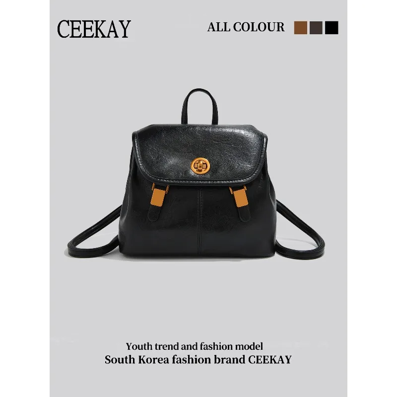 CEEKAY Korean Style Leather Backpack, Retro Turn Lock & Buckle Decor Travel Bag, Perfect for School & Dating Backpack for Women