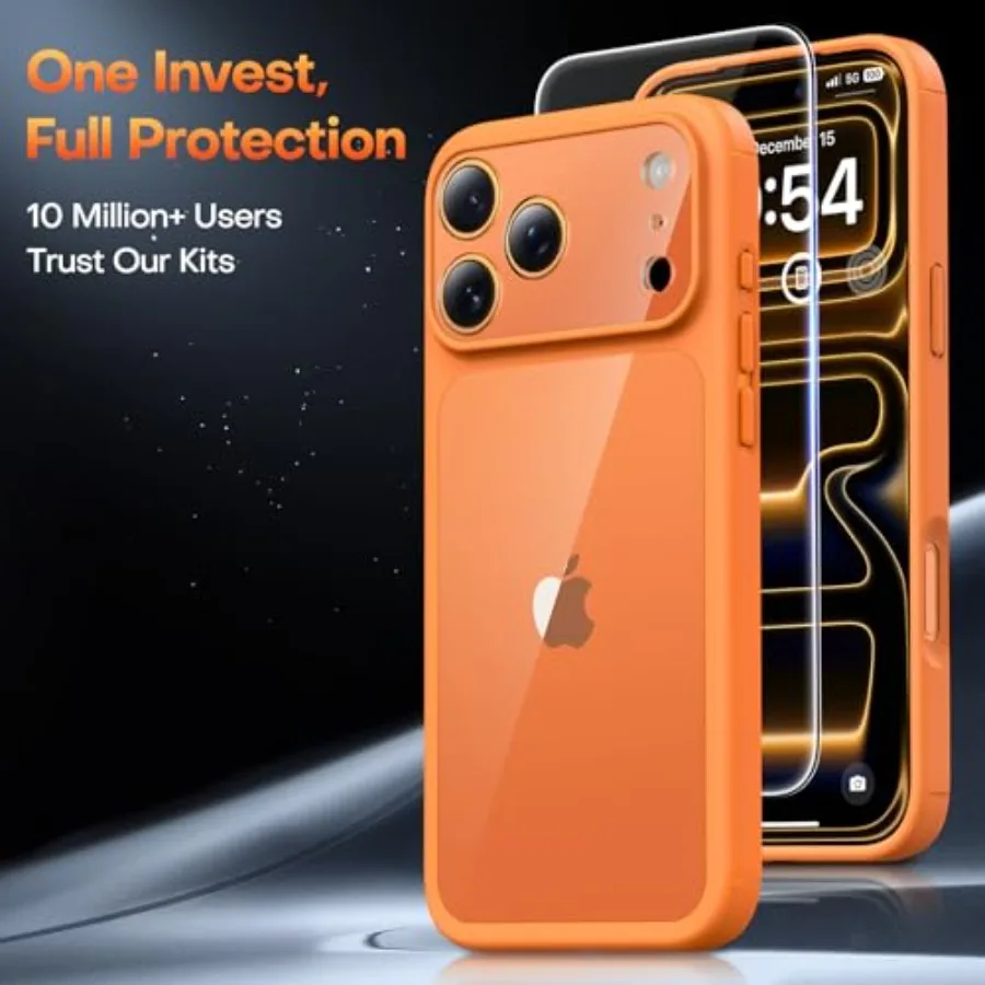 حافظة حماية كاملة للكاميرا برتقالية تاوري مع واقي شاشة لهاتف آيفون 17 برو ماكس بتصميم نحيف مقاوم للصدمات من الدرجة العسكرية