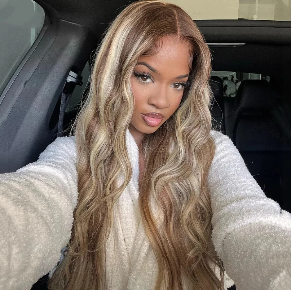 

Highlight Brown Mix White Blonde Body Wave Synthetic Lace Front Wig for Women Long Wavy Pre Plucked Heat Resistant Fiber Wig