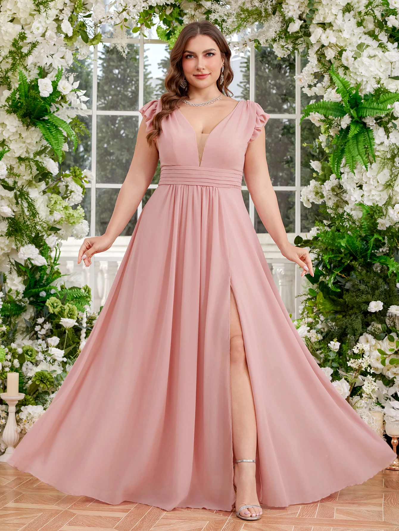 

UNITHORSE V-Neck Strapless Gown with Pleated Waist Side Slit And Large Skirt Elegant Earth-Friendly Women's Dress