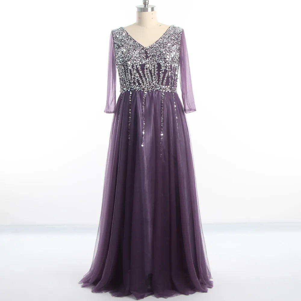 

Evening Dresses Purple Beading Tulle V-neck Half Sleeves A-line Floor Length Plus size Zipper Back Women 2022 Party Dress B1177